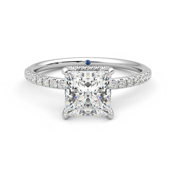 Princess Cut Moissanite Engagement Ring with Hidden Halo and Anniversary Stone Accent