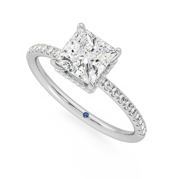 Princess Cut Moissanite Engagement Ring with Hidden Halo and Anniversary Stone Accent
