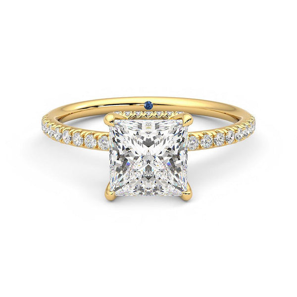 Princess Cut Moissanite Engagement Ring with Hidden Halo and Anniversary Stone Accent
