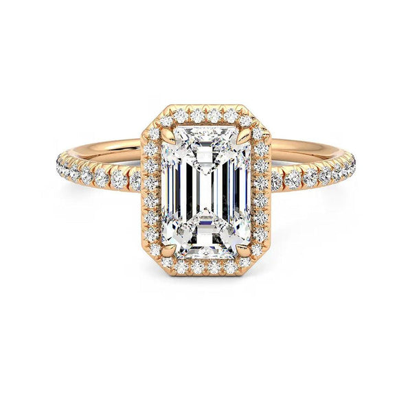 Classic Halo Emerald Cut Moissanite Engagement Ring with Hidden Anniversary Stone Accent