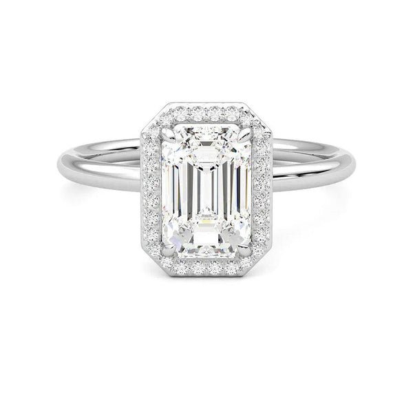 Halo Emerald Cut Moissanite Engagement Ring with Hidden Anniversary Stone Accent