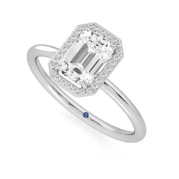 Halo Emerald Cut Moissanite Engagement Ring with Hidden Anniversary Stone Accent