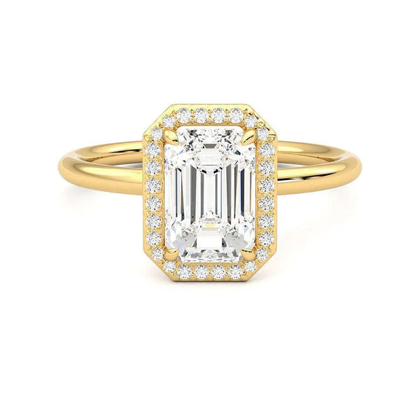 Halo Emerald Cut Moissanite Engagement Ring with Hidden Anniversary Stone Accent