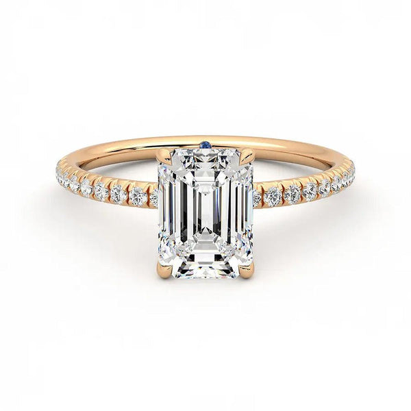 Four Prong Emerald Cut Moissanite Engagement Ring with Hidden Anniversary Stone Accent