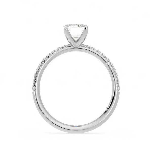 Four Prong Emerald Cut Moissanite Engagement Ring with Hidden Anniversary Stone Accent