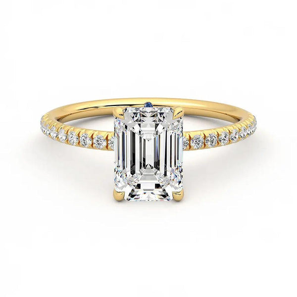 Four Prong Emerald Cut Moissanite Engagement Ring with Hidden Anniversary Stone Accent
