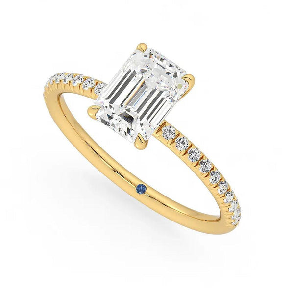 Four Prong Emerald Cut Moissanite Engagement Ring with Hidden Anniversary Stone Accent