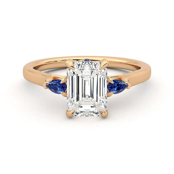 Three Stone Emerald Cut Moissanite Engagement Ring with Hidden Anniversary Stone Accent