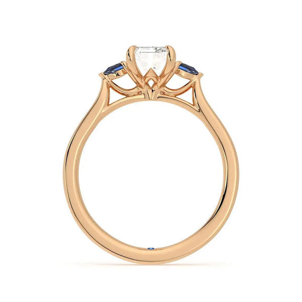 Three Stone Emerald Cut Moissanite Engagement Ring with Hidden Anniversary Stone Accent