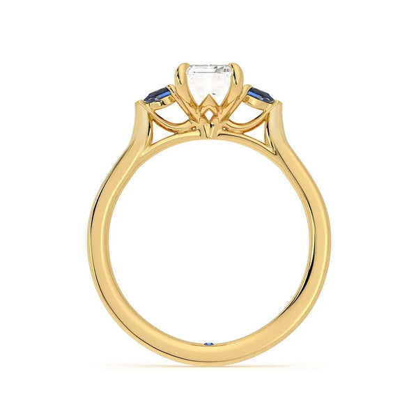 Three Stone Emerald Cut Moissanite Engagement Ring with Hidden Anniversary Stone Accent