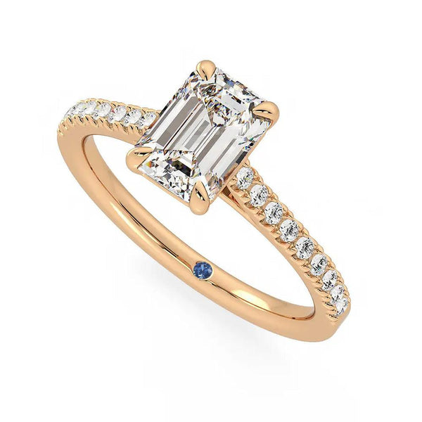 Emerald Cut Moissanite Engagement Ring with Hidden Anniversary Stone and Pavé Accents