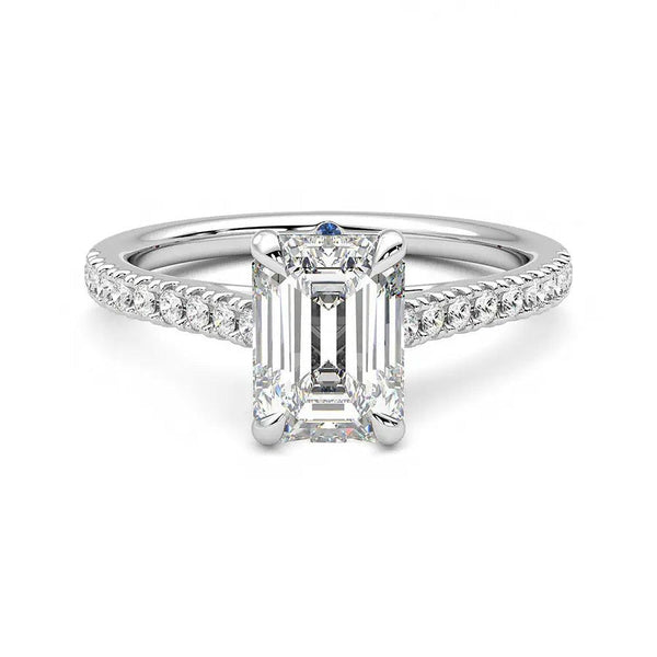 Emerald Cut Moissanite Engagement Ring with Hidden Anniversary Stone and Pavé Accents