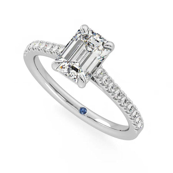 Emerald Cut Moissanite Engagement Ring with Hidden Anniversary Stone and Pavé Accents