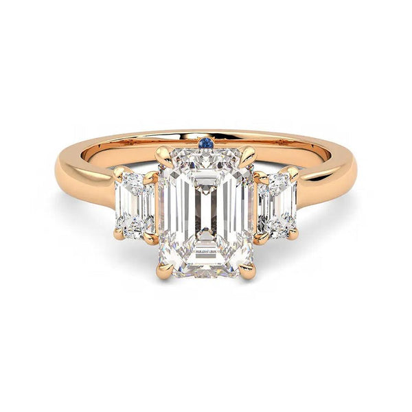 Four Prong Three Stone Emerald Cut Moissanite Engagement Ring with Hidden Anniversary Stone Accent