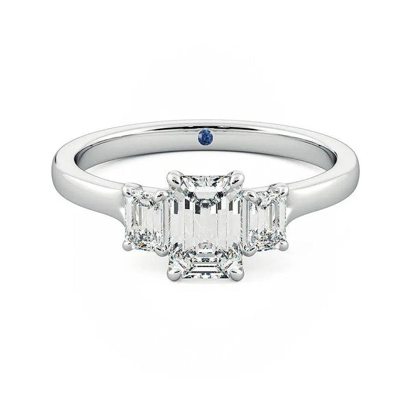 Four Prong Three Stone Emerald Cut Moissanite Engagement Ring with Hidden Anniversary Stone Accent