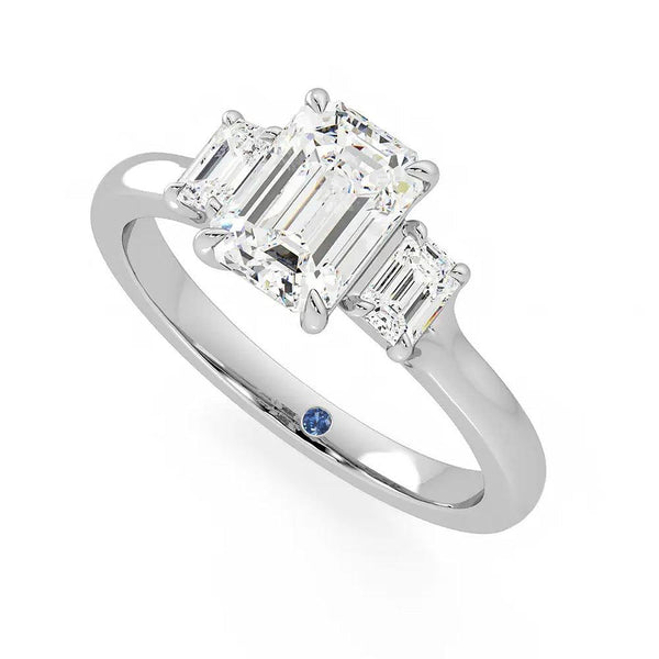 Four Prong Three Stone Emerald Cut Moissanite Engagement Ring with Hidden Anniversary Stone Accent