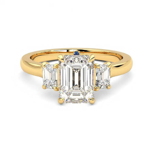 Four Prong Three Stone Emerald Cut Moissanite Engagement Ring with Hidden Anniversary Stone Accent