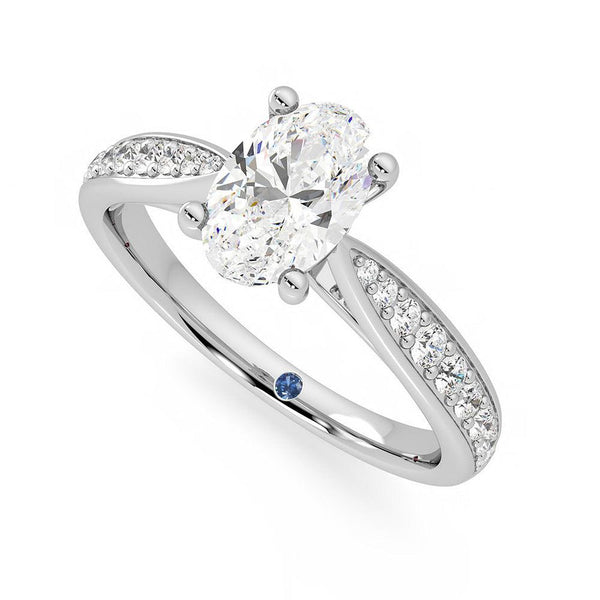 Oval Cut Moissanite Engagement Ring with Pavé Band and Hidden Anniversary Stone Accent