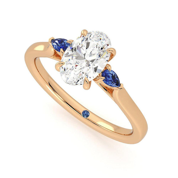 Three Stone Oval Cut Moissanite and Sapphire Engagement Ring with Hidden Anniversary Stone Accent