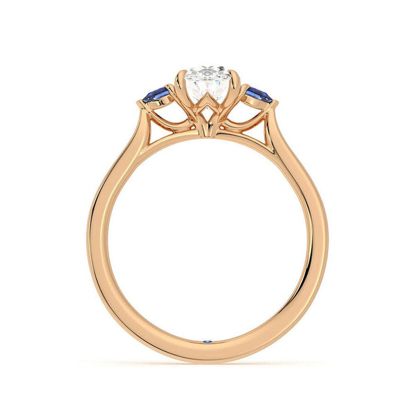 Three Stone Oval Cut Moissanite and Sapphire Engagement Ring with Hidden Anniversary Stone Accent