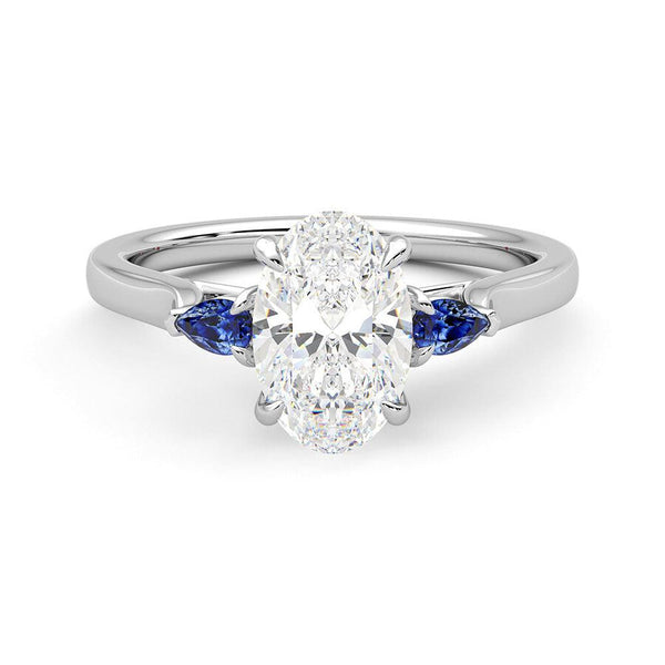 Three Stone Oval Cut Moissanite and Sapphire Engagement Ring with Hidden Anniversary Stone Accent