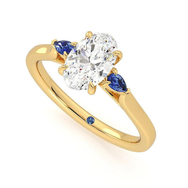 Three Stone Oval Cut Moissanite and Sapphire Engagement Ring with Hidden Anniversary Stone Accent