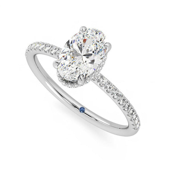 Oval Cut Moissanite Engagement Ring with Hidden Halo and Anniversary Stone Accent
