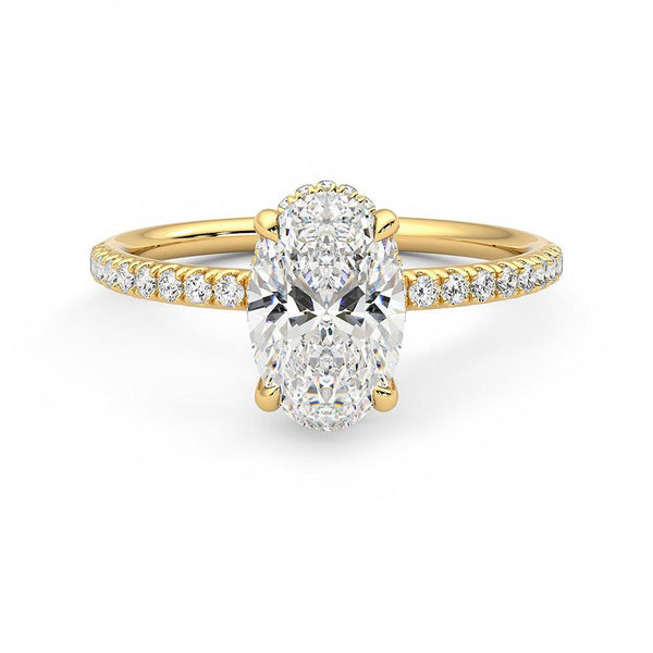 Oval Cut Moissanite Engagement Ring with Hidden Halo and Anniversary Stone Accent