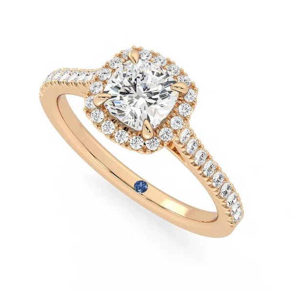 Cushion Cut Halo Moissanite Engagement Ring with Hidden Anniversary Stone Accent