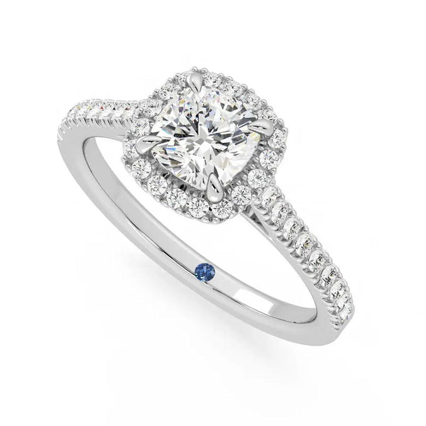 Cushion Cut Halo Moissanite Engagement Ring with Hidden Anniversary Stone Accent
