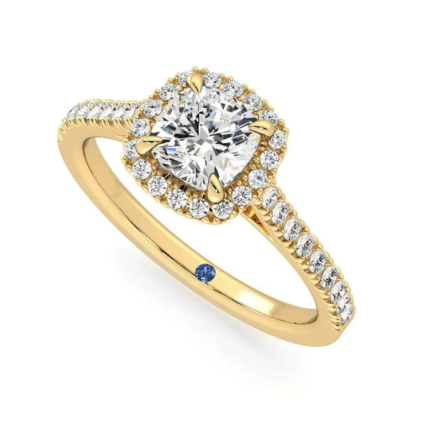 Cushion Cut Halo Moissanite Engagement Ring with Hidden Anniversary Stone Accent