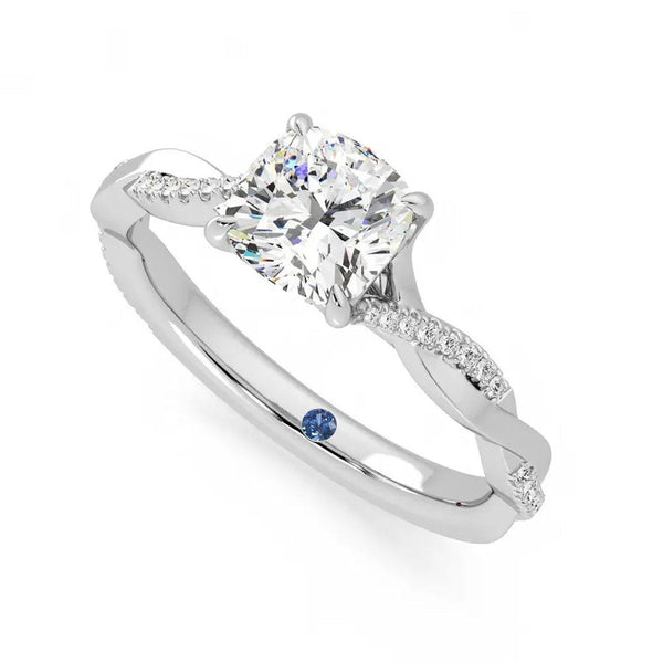 Twisted Band Cushion Cut Moissanite Engagement Ring with Hidden Anniversary Stone Accent