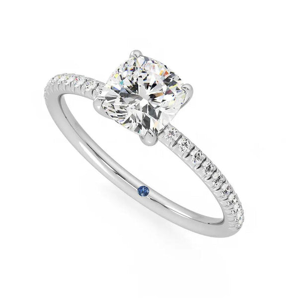Four Prong Cushion Cut Moissanite Engagement Ring with Hidden Anniversary Stone Accent