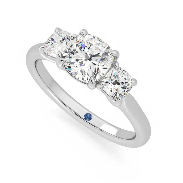 Four Prong Three Stone Cushion Cut Moissanite Engagement Ring with Hidden Anniversary Stone Accent