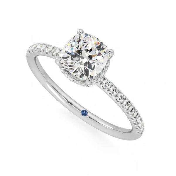 Cushion Cut Moissanite Engagement Ring with Hidden Halo and Anniversary Stone Accent