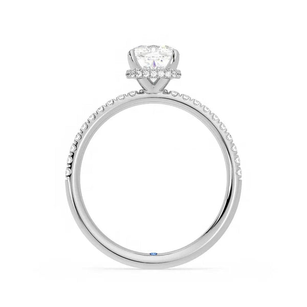 Cushion Cut Moissanite Engagement Ring with Hidden Halo and Anniversary Stone Accent