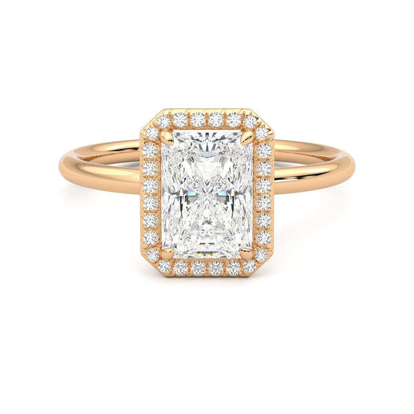 Radiant Cut Halo Moissanite Engagement Ring with Hidden Anniversary Stone Accent
