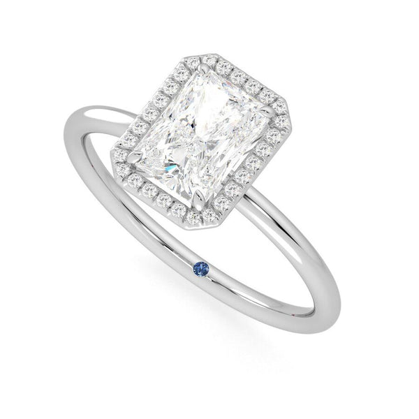 Radiant Cut Halo Moissanite Engagement Ring with Hidden Anniversary Stone Accent