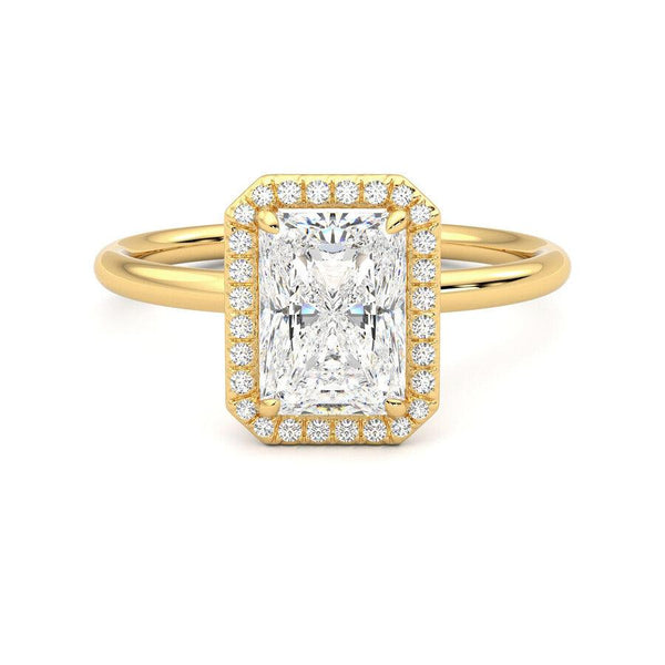 Radiant Cut Halo Moissanite Engagement Ring with Hidden Anniversary Stone Accent