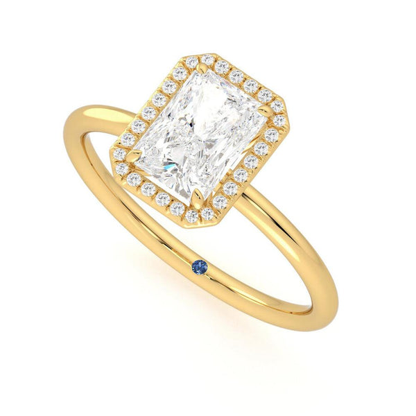 Radiant Cut Halo Moissanite Engagement Ring with Hidden Anniversary Stone Accent