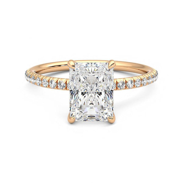 Four Prong Radiant Cut Moissanite Engagement Ring with Hidden Anniversary Stone Accent