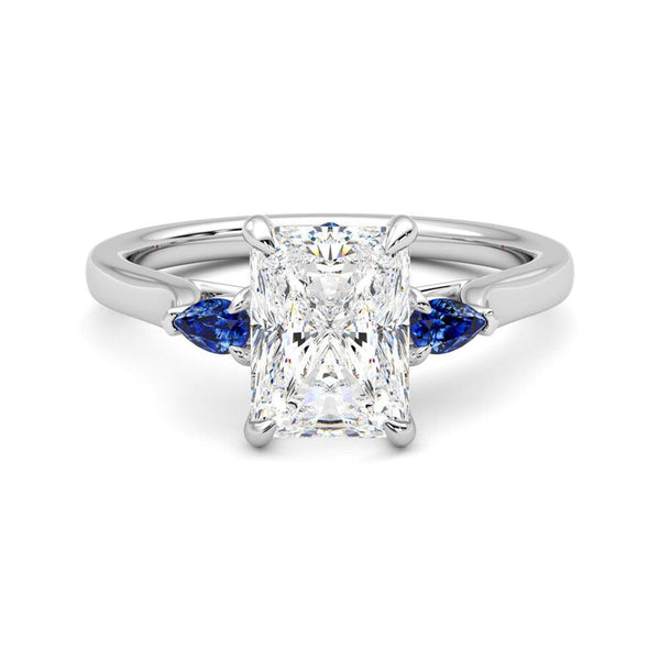 Three Stone Radiant Cut Moissanite Engagement Ring with Hidden Anniversary Stone Accent