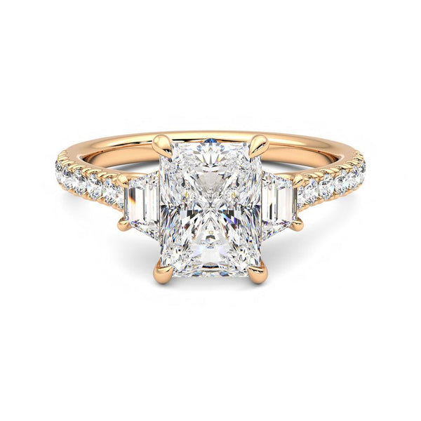 Three Stone Radiant Cut & Half Moon Moissanite Engagement Ring with Hidden Anniversary Stone Accent