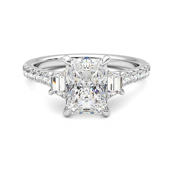 Three Stone Radiant Cut & Half Moon Moissanite Engagement Ring with Hidden Anniversary Stone Accent