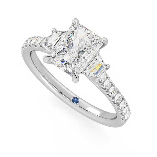 Three Stone Radiant Cut & Half Moon Moissanite Engagement Ring with Hidden Anniversary Stone Accent