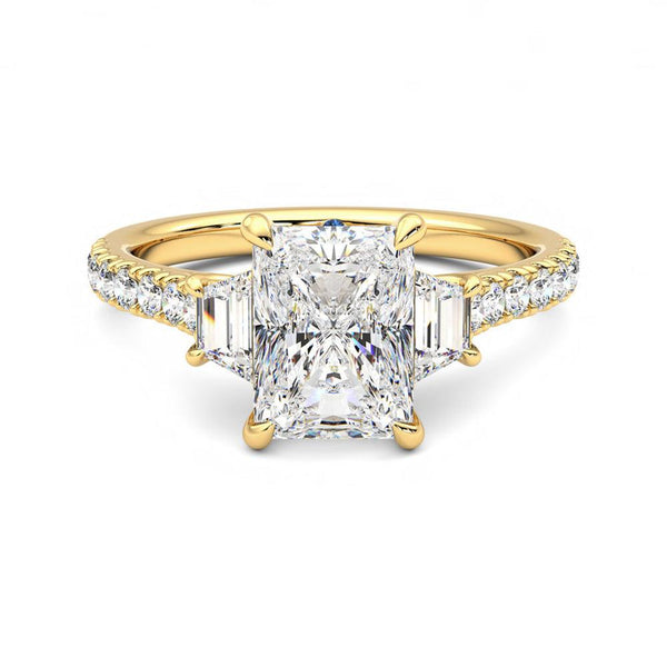 Three Stone Radiant Cut & Half Moon Moissanite Engagement Ring with Hidden Anniversary Stone Accent