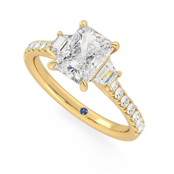 Three Stone Radiant Cut & Half Moon Moissanite Engagement Ring with Hidden Anniversary Stone Accent
