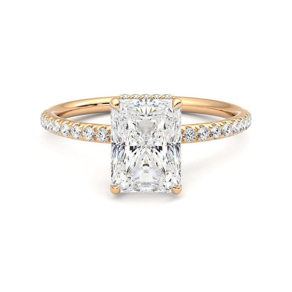 Radiant Cut Moissanite Engagement Ring with Hidden Halo and Anniversary Stone Accent