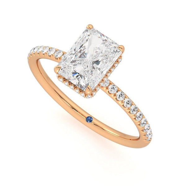 Radiant Cut Moissanite Engagement Ring with Hidden Halo and Anniversary Stone Accent
