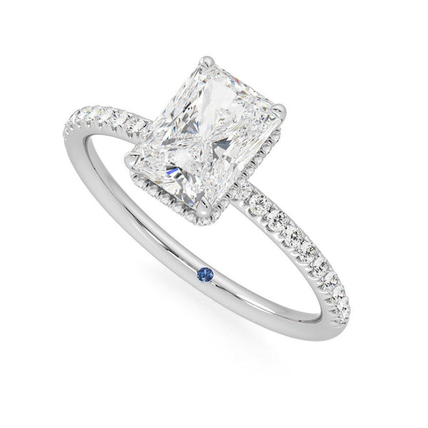 Radiant Cut Moissanite Engagement Ring with Hidden Halo and Anniversary Stone Accent